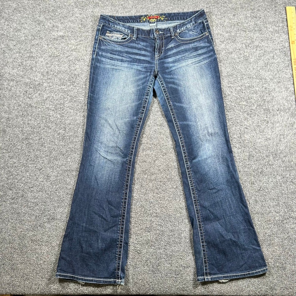 Maurices Jeans Womens Size 11/12 Dark Wash Bootcut Thick Stitch Distressed Hem
